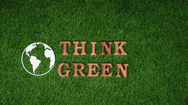 Wooden alphabet arranged in ecological awareness campaign with ECO icon design on biophilia green grass background to promote environmental protection for greener and sustainable future Gyre