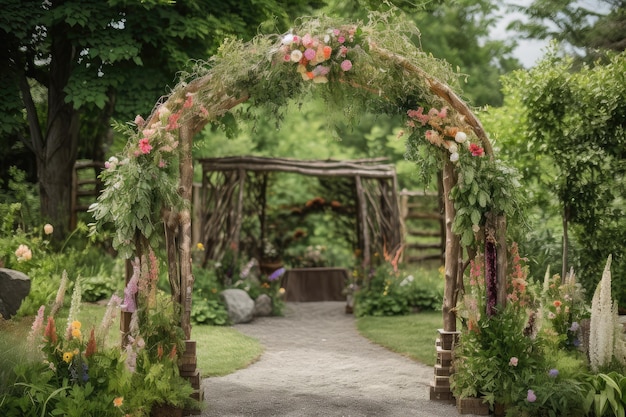 A wooden arch decorated with colorful flowers and greenery