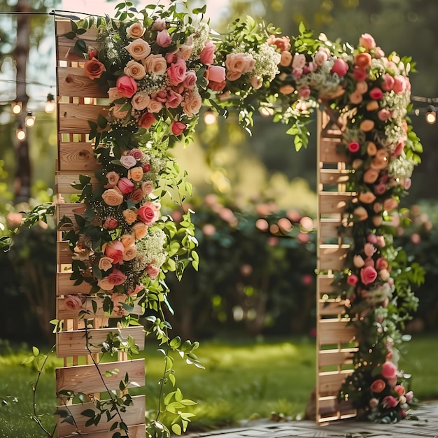 a wooden arch with roses on it and a wooden frame