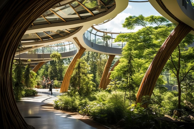 Photo wooden arches and plants biophilic design pathway nature architecture picture