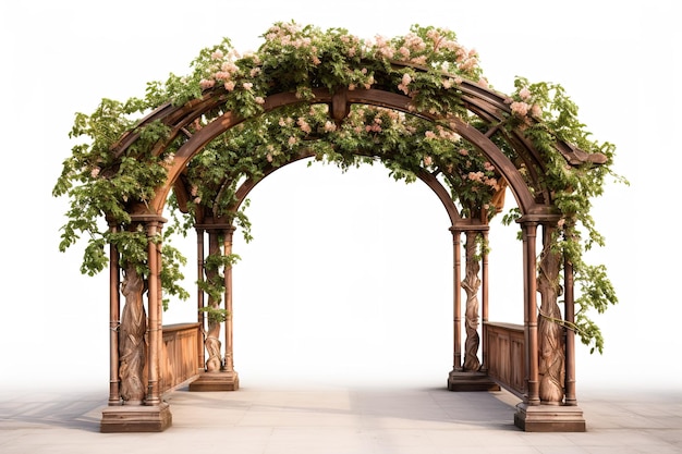 A Wooden Archway Covered in Blossoming Vines on a Clear PNG or White Background