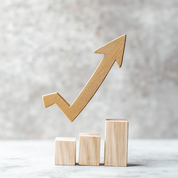 a wooden arrow pointing up over a wooden cube with a arrow pointing up