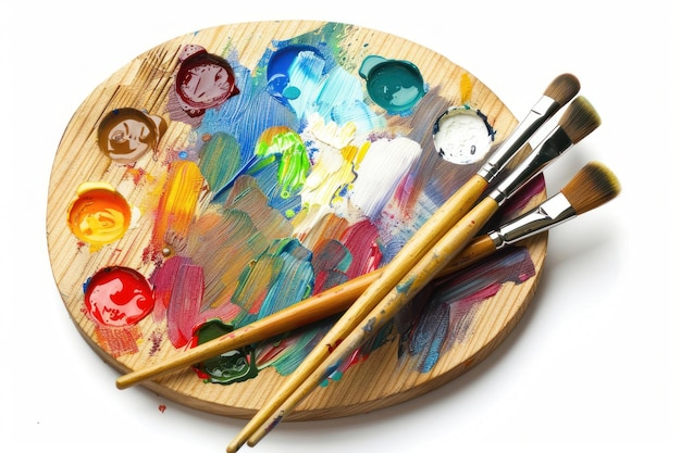 Wooden art palette with blobs of paint and a brushes white background paintbrush chopsticks