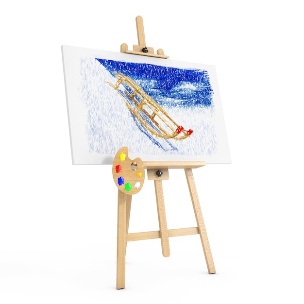 Wooden Artist Easel with Sledges Drawing on a white background. 3d Rendering