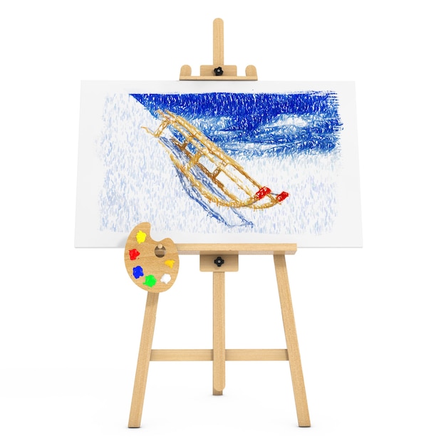 Wooden Artist Easel with Sledges Drawing on a white background. 3d Rendering