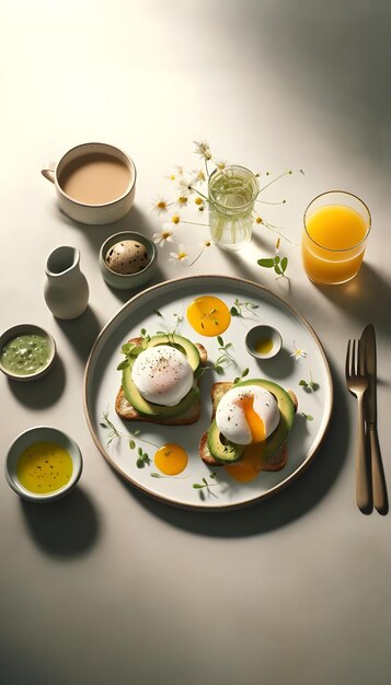 A wooden backdrop features an avocado toast with a poached egg