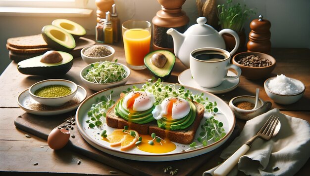 A wooden backdrop features an avocado toast with a poached egg