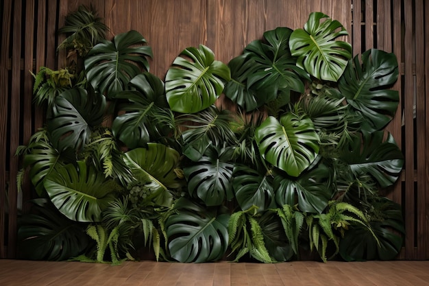 Wooden backdrop Monstera leaves harmonious green hues