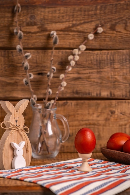 on a wooden background Easter eggs, painted with natural vegetable dyes, onion peel