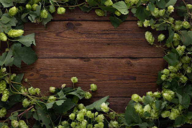 Wooden background Frame of green hops on rustic old wooden boards Copy space