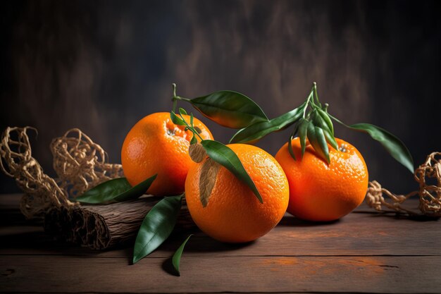 On a wooden background fresh mandarin oranges or tangerines with leaves