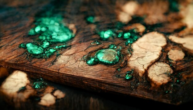 Photo wooden background and green epoxy old tree 3d illustration