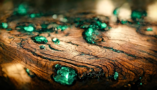 Wooden background and green epoxy Old tree 3D illustration