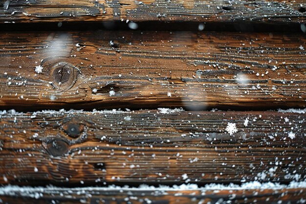 Photo the wooden background is covered with snow featuring a brown wood grain texture with snowflakes fal