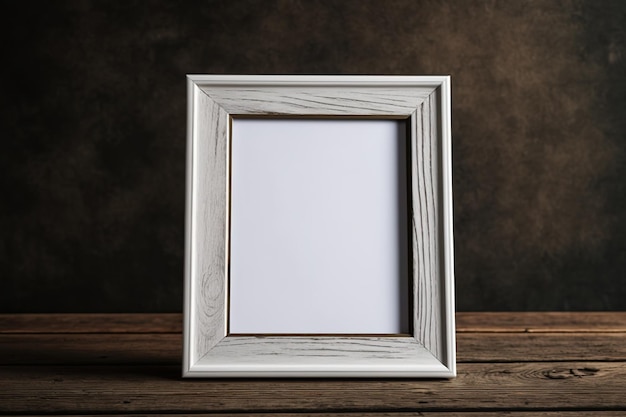 On a wooden background a picture frame with copyspace