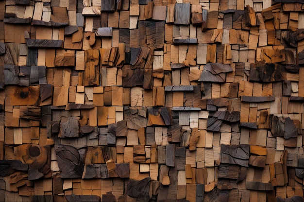 Wooden background texture of a wall of chopped firewood closeup