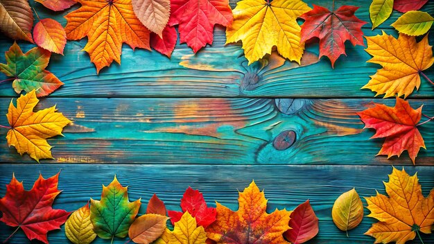 Photo a wooden background with a border of colorful autumn leaves