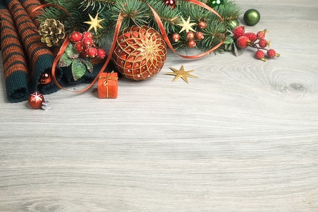 Wooden background with Christmas decorations