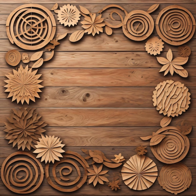 Photo a wooden background with a circle of wood and flowers on it.