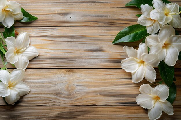 Photo a wooden background with flowers and leaves on it