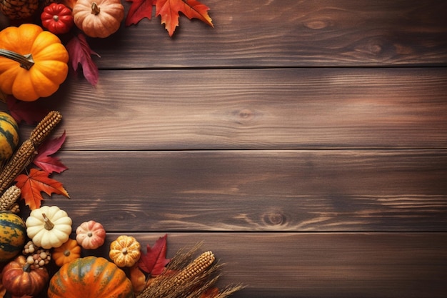 Photo a wooden background with pumpkins and gourds on it