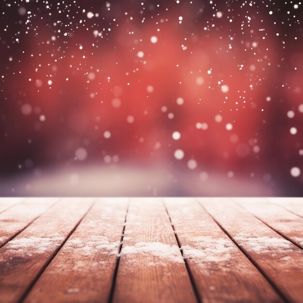 Wooden background with snow and red lights in the style of spectacular backdrops