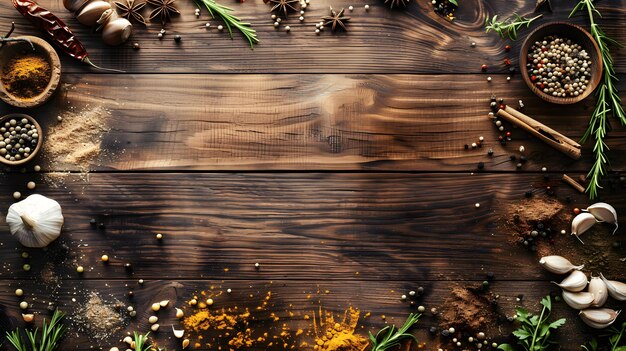 a wooden background with spices and herbs on it