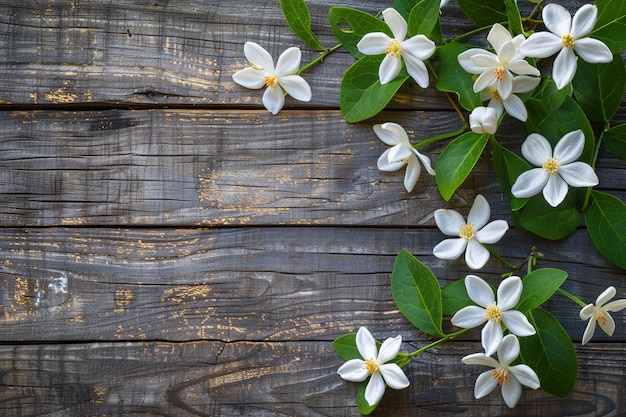 Photo a wooden background with white flowers and green leaves