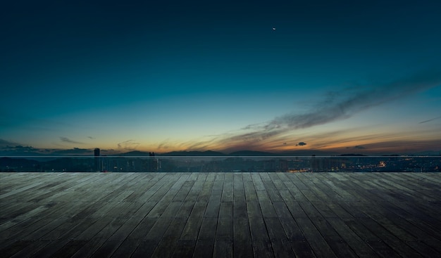 Wooden balcony terrace with early morning sky