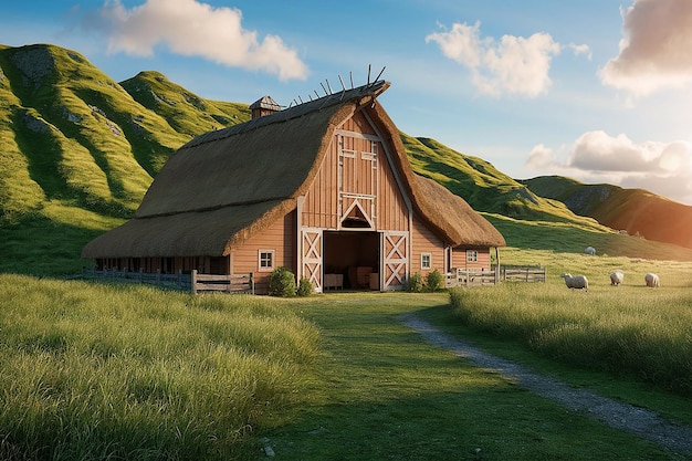 a wooden barn with a thatched roof and a house with a windmill on the front