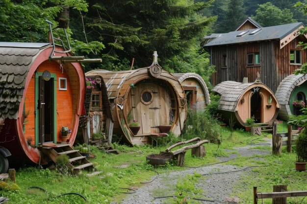 Photo wooden barrel homes creating a fairytale village in the forest