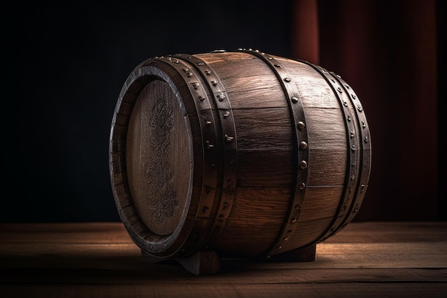 A wooden barrel with metal studs and a red curtain behind it.