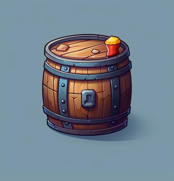 A wooden barrel with a red cap and a yellow container on it.