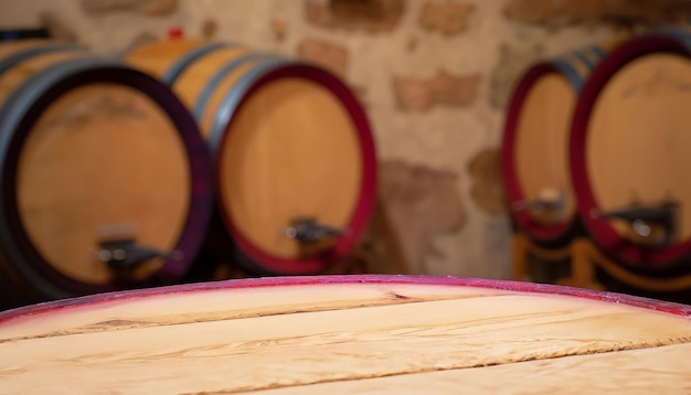 Wooden barrels in cellar backgound empty space on barrel for advertising old wooden barrels with win