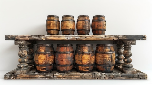 Wooden Barrels on Rustic Shelf