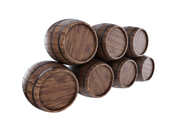 Wooden barrels for whiskey on a white background 3D rendering 3D illustration