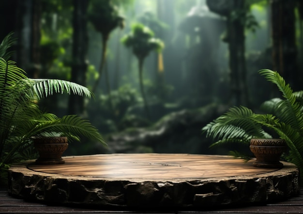 wooden base podium with blurred rainforest monsoon background