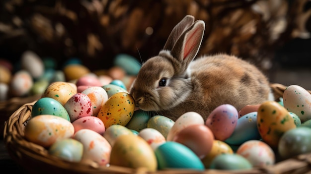 Wooden basket lop eared rabbit inside generative ai