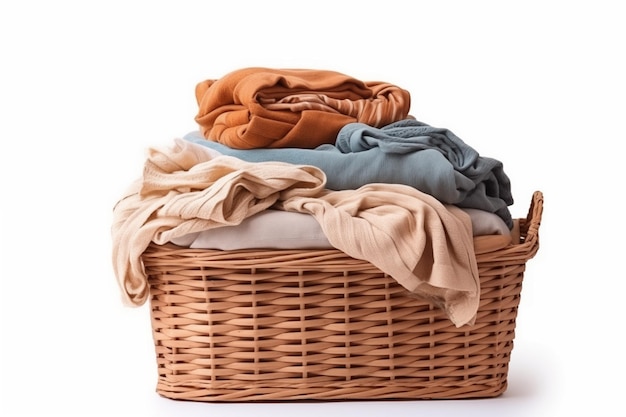 Wooden basket with clothes white background