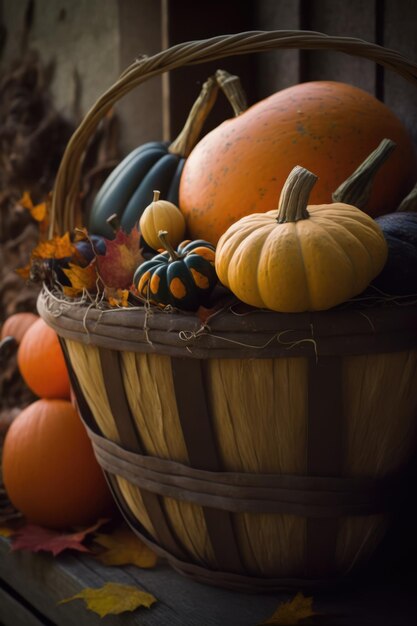 Wooden basket with colorful pumpkins and autumn leaves created using generative ai technology