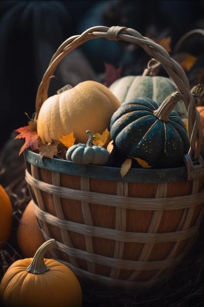 Wooden basket with colorful pumpkins and autumn leaves created using generative ai technology