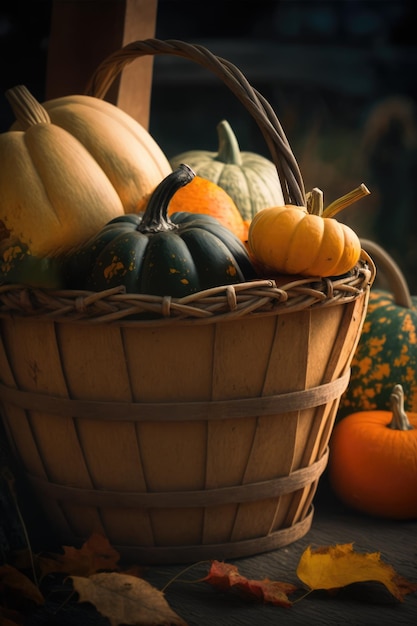 Wooden basket with colorful pumpkins and autumn leaves created using generative ai technology