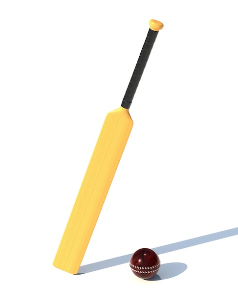 Wooden bat and leather red cricket ball 3d render illustration