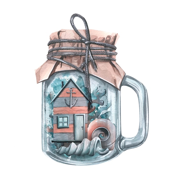 Wooden beach house with shells and corals inside a glass jar Watercolor illustration Composition from the collection of WHALES For the design and decoration of prints stickers posters postcards