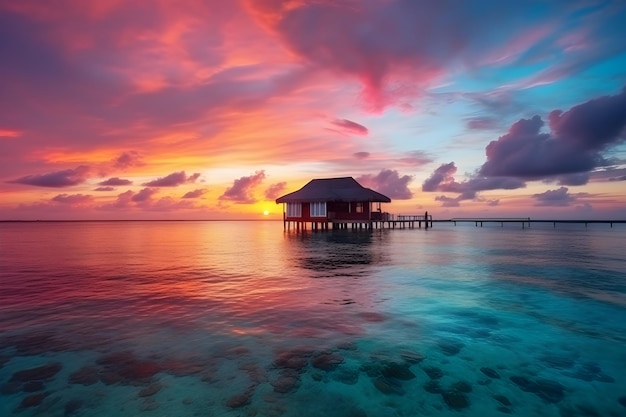 Wooden beach hut stunning pink sunset