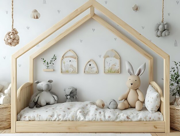 Photo wooden bed frame with plush toys and floral bedding illustration