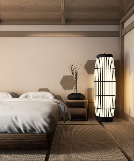 Wooden bed japanese style and zen lamp on tatami mat design hexagon wooden tiles wall, 3D rendering