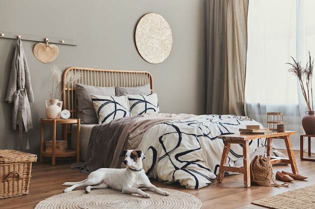 Wooden bed in stylish neutral bedroom interior with design furniture, decoration, carpet, bench, dried flowers in vase, elegant personal accessories in home decor. Beautiful dog lying on the carpet.