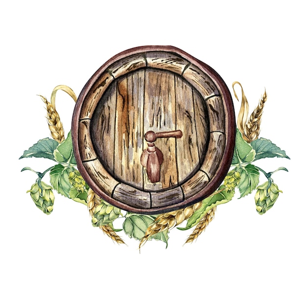 Wooden beer barrel and hop vine wheat ear watercolor illustration isolated on white