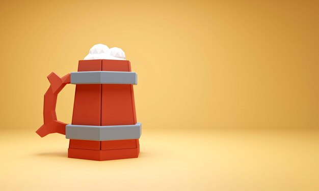 Wooden beer mug with beer on yellow background. Low poly 3d illustration.